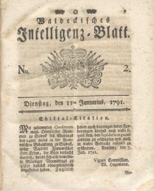 No. 2, Dienstag, den 11ten Januarius, 1791