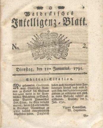 No. 2, Dienstag, den 11ten Januarius, 1791