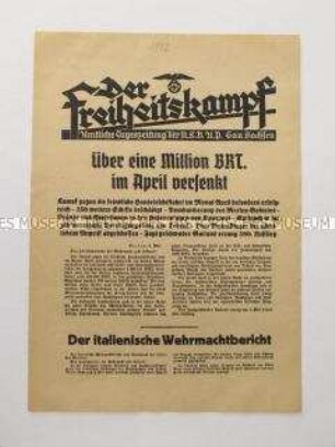 Nachrichtenblatt der sächsischen NSDAP-Zeitung "Der Freiheitskampf" über den deutschen Luftangriff auf Hafenanlagen an der Süd- und Südostküste Englands