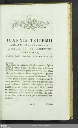 Ioannis Tritemii Abbatis Spanheymensis Libellus De Intelligentiis Coelestibus, Orbes Post Deum Gubernantibus