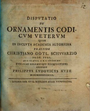 Dispvtatio De Ornamentis Codicvm Vetervm