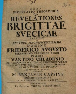 Dissertatio theologica, qua revelationes Brigittae Suecicae excutit