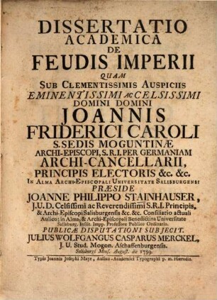 Dissertatio Academica De Feudis Imperii