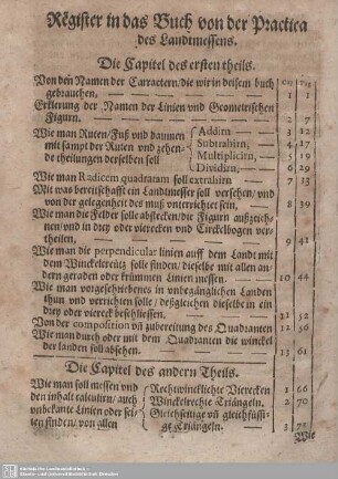 Register in das Buch vo der Practica des Landtmessens.