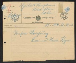 Brief von Hans Kyser und Lissi Kyser an Gerhart Hauptmann