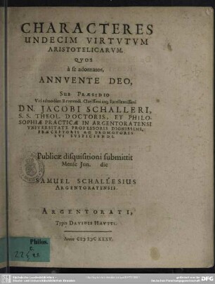 Characteres undecim virtutum Aristotelicarum