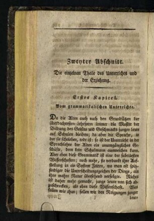 Zweyter Abschnitt: Die einzelnen Theile des Unterrichts und der Erziehung