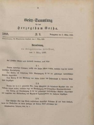 9. Verordnung, die Kriegervereine betreffend, vom 1. März 1888