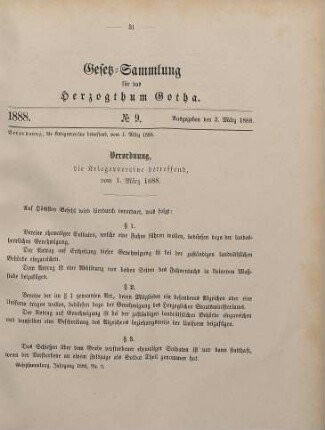 9. Verordnung, die Kriegervereine betreffend, vom 1. März 1888