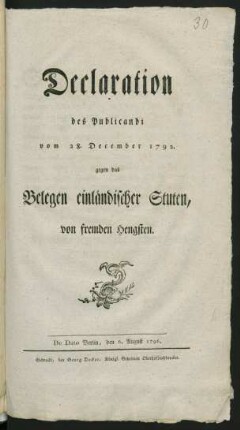 Declaration des Publicandi vom 28. December 1792 gegen das Belegen einländischer Stuten von fremden Hengsten : De Dato Berlin, den 6. August 1796