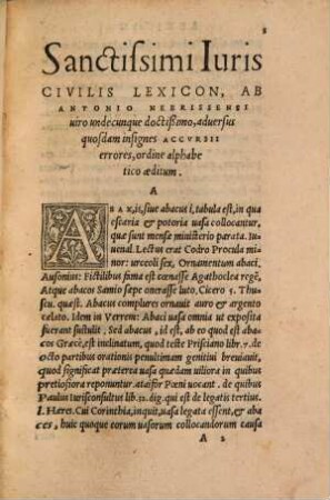 Lexicon Iuris Civilis, Adversvs quosdam insignes Accvrsii errores aeditum, Antonio Nebrissensi uiro undecunque doctißimo autore