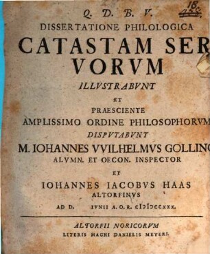 Dissertatione philol. catastam servorum