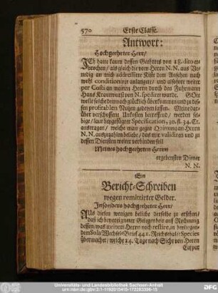 Ein Bericht-Schreiben wegen remittirter Gelder.