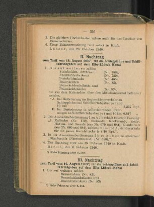 III. Nachtrag zum Tarif vom 14. August 1939 1) für die Schlepplöhne und Schifffahrtabgaben auf dem Elbe-Lübeck-Kanal