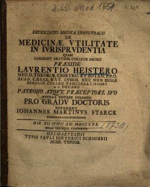 Dissertatio Medica Inavgvralis De Medicinae Vtilitate In Ivrisprvdentia