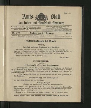 No. 275, 31. Dezember 1920