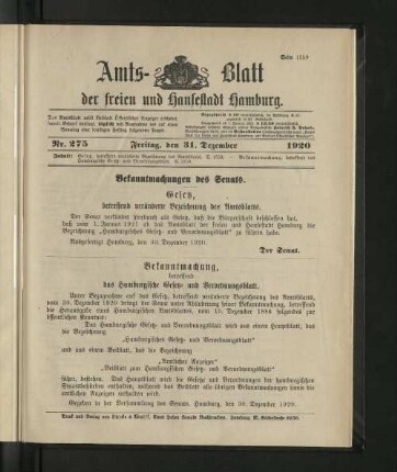 No. 275, 31. Dezember 1920