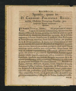 Reciproca Sponsio, quam in D. Casimiri Poloniae Regis, verba, Ordines Terrarum Prussiae, pro temporum illorum conditione fecerunt.