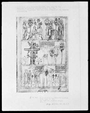Dialogus de laudibus sanctae crucis — Sechs typologische Szenen, Folio 1recto