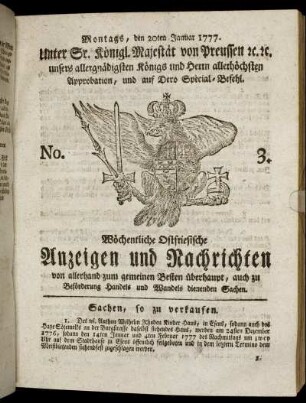 No. 3. Montags, den 20ten Januar 1777.