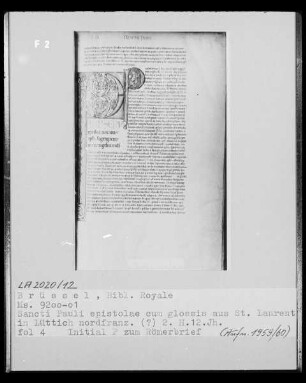 Ms 9200-01, Sancti Pauli epistolae cum glossis, fol. 4: Initiale P