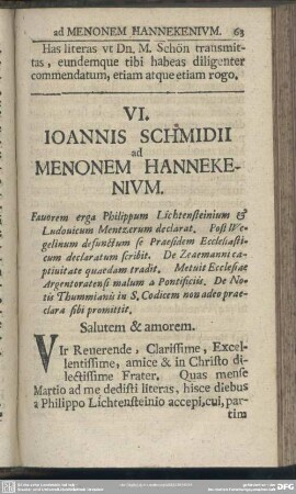 VI. Ioannis Schmidii ad Menonem Hannekenium