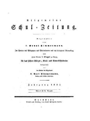 Titelblatt für August 1843 [Heft 120 - 137]