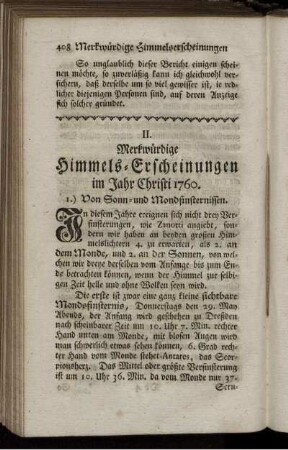 II. Merkwürdige Himmels-Erscheinungen im Jahr Christi 1760.