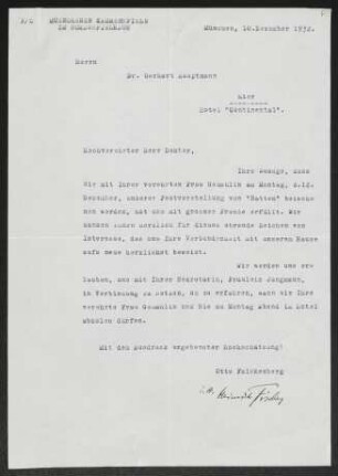 Brief von Otto Falckenberg von Münchner Kammerspiele  an Gerhart Hauptmann, geschrieben von Heinrich Fischer (Münchner Kammerspiele)