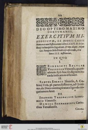 Deo optimo maximo fortvnante, exercitivm historicvm, ex Dionis Cassii