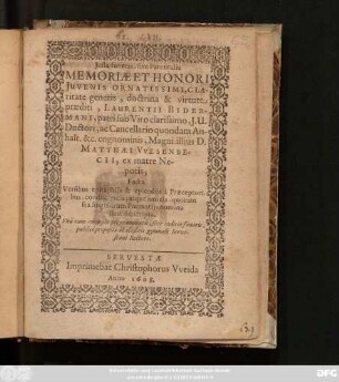 Iusta funeris, sive Parentalia Memoriae Et Honori ... Laurentii Bidermani ... Facta ...