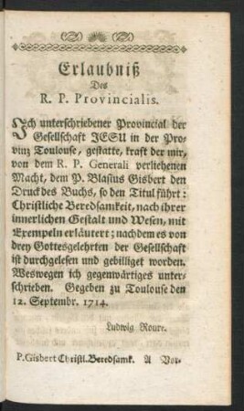 Erlaubniß Des R. P. Provincialis