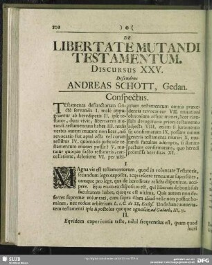De Libertate Mutandi Testamentum, Discursus XXV. Defendens Andreas Schott, Gedan.