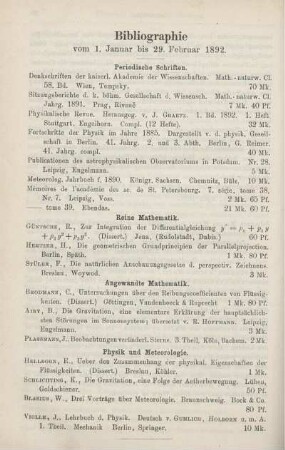 Bibliographie vom 1. Januar bis 29. Februar 1892.