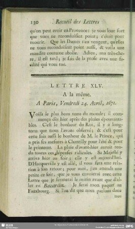 Lettre XLV. A la même. A Paris, Vendredi 24. Avril, 1671