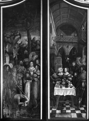 Flügelaltar (geschlossen mit Enthauptung Johannes des Täufers und Gastmahl des Herodes) : Flügelaltar (geschlossen mit Enthauptung Johannes des Täufers und Gastmahl des Herodes). Holz, bemalt (um 1520).