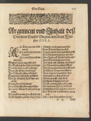 Argument und Inhalt deß Vierdten Buchs Virgilii/ von dem Fürsten Aenea.