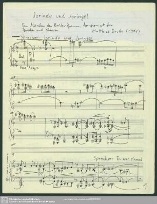 Jorinde und Joringel : ein Märchen der Gebrüder Grimm; komponiert für Sprecher und Klavier; (1997)