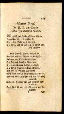 Fünfter Brief. An S. E. den Grafen Nikita Iwanowitsch Panin