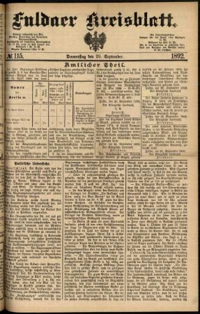 Erste Ausgabe vom Donnerstag, den 29. September 1892.