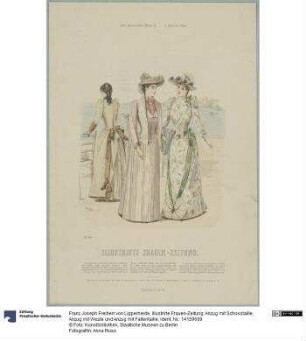 Illustrirte Frauen-Zeitung: Anzug mit Schosstaille, Anzug mit Weste und Anzug mit Faltentaille