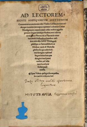 Lvdovici Caelii Rhodigini Lectionvm Antiqvarvm Libri XVI.