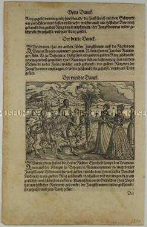 Zwei Reiter mit Zeptern erhalten Ring und Kranz von zwei Edelfrauen (nach Seite LVIII aus dem Turnierbuch/2. Teil)