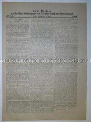 Beilage des "Deutschen Reichsanzeiger" mit einem Bericht über die Sitzung des Reichstages am 4. August 1914 nach dem Beginn des 1. Weltkrieges