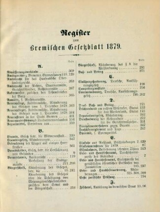 Register zum Bremischen Gesetzblatt 1879