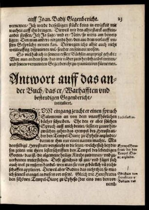 Antwort auff das ander Buch/ das er/ Warhafften und bestendigen Gegenbericht/ intituliert.