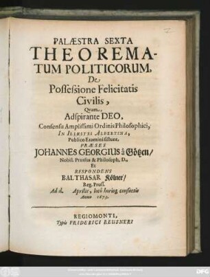 Palaestra Sexta Theorematum Politicorum, De Possessione Felicitatis Civilis,