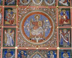 Mittelstreifen: Wurzel Jesse umrahmt von den Evangelisten, Propheten, Erzengeln und Paradiesflüssen — Christus Pantokrator umgeben von den Erzengeln sowie den Evangelisten Matthäus und Johannes
