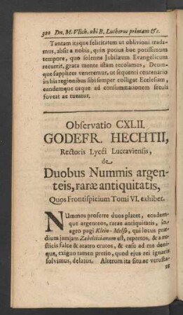 Observatio CXLII. Godofr. Hechtii, Rectoris Lycéi Luccaviensis, de Duobus Nummis argenteis, rarae antiquitatis, ...