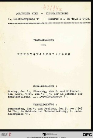 Versteigerung von Kunstgegenständen : Versteigerung: Donnerstag, den 4. und Freitag, den 5. Nov. 1943